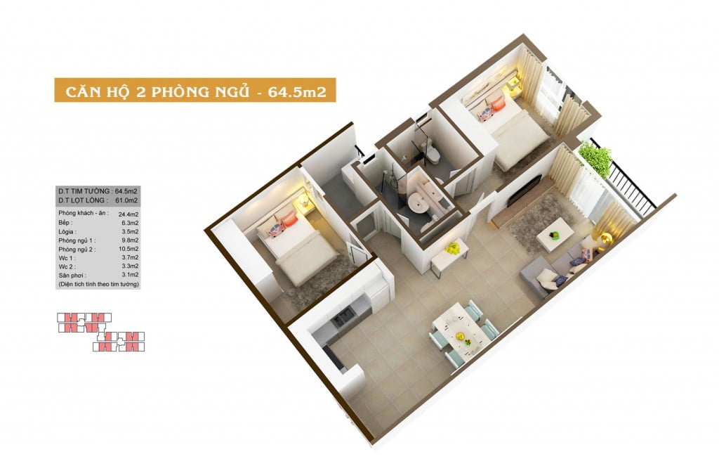 Thiết kế căn hộ Auris City loại-64.5m2
