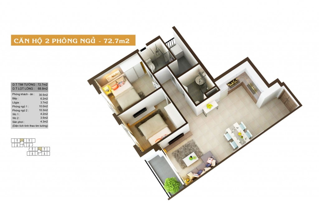 Thiết kế căn hộ Auris City loại-72.7m2