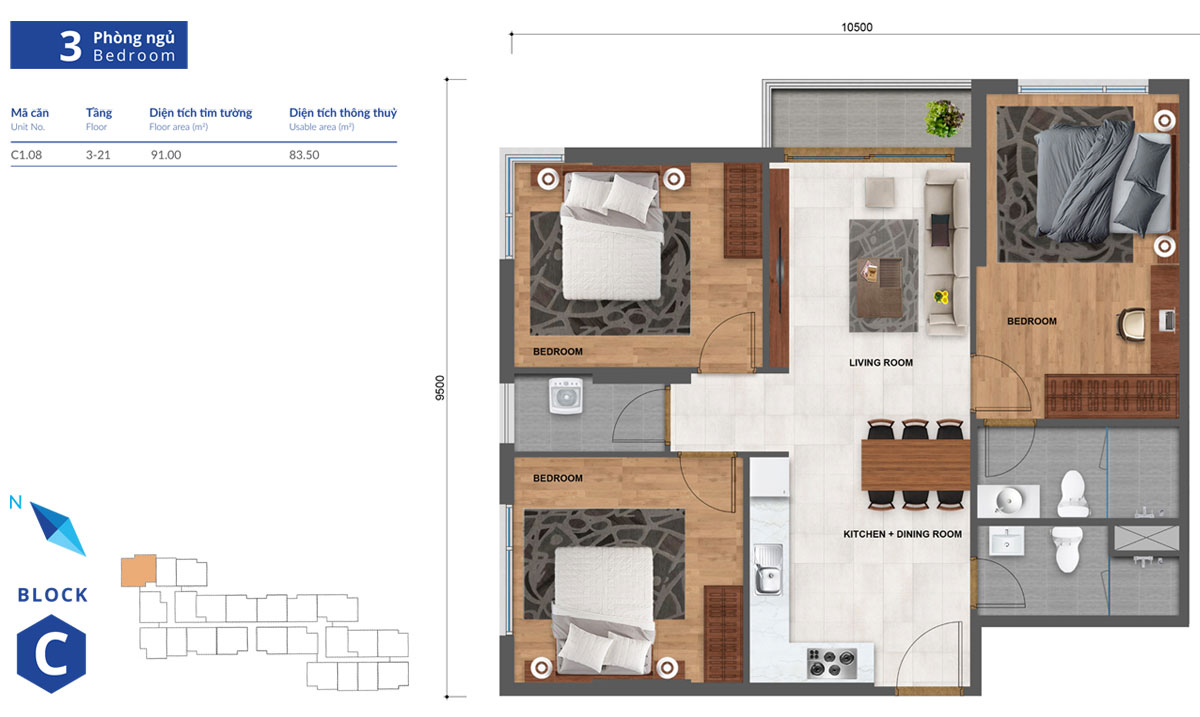 Thiết kế căn hộ Safira khang điền loại 3 phòng ngủ